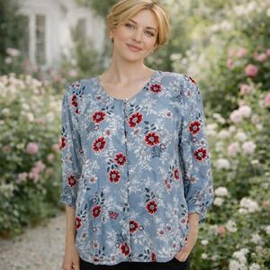 J. Jill Large Blue Red Floral women button peasant blouse cottage romantic boho